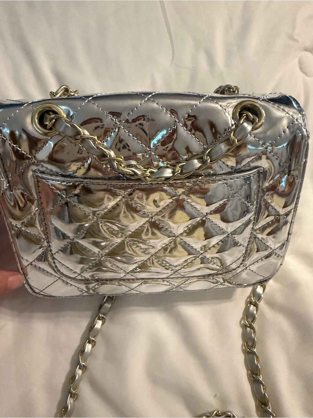 Silver Quilted Chain Shoulder Bag with Star Pouch - Picture 6 of 6